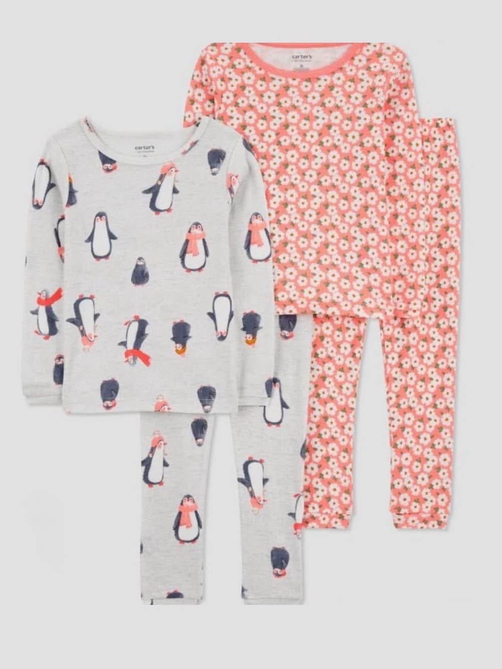 Carter’s Snug Fit Pajamas 2 Pair Set Size 4T Pink Floral Gray Penguin Prints
